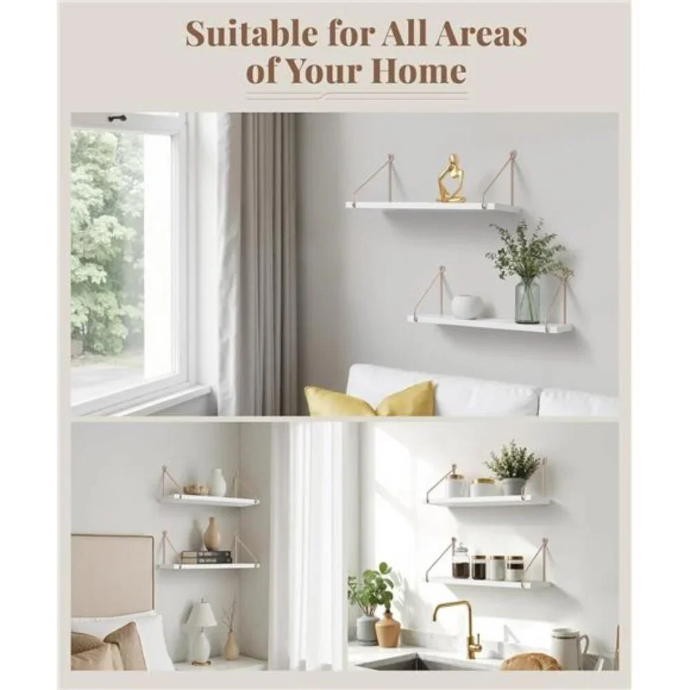Floating Shelves for Wall, Metallic Gold White Wall Mounted Shelves, Bathroom
